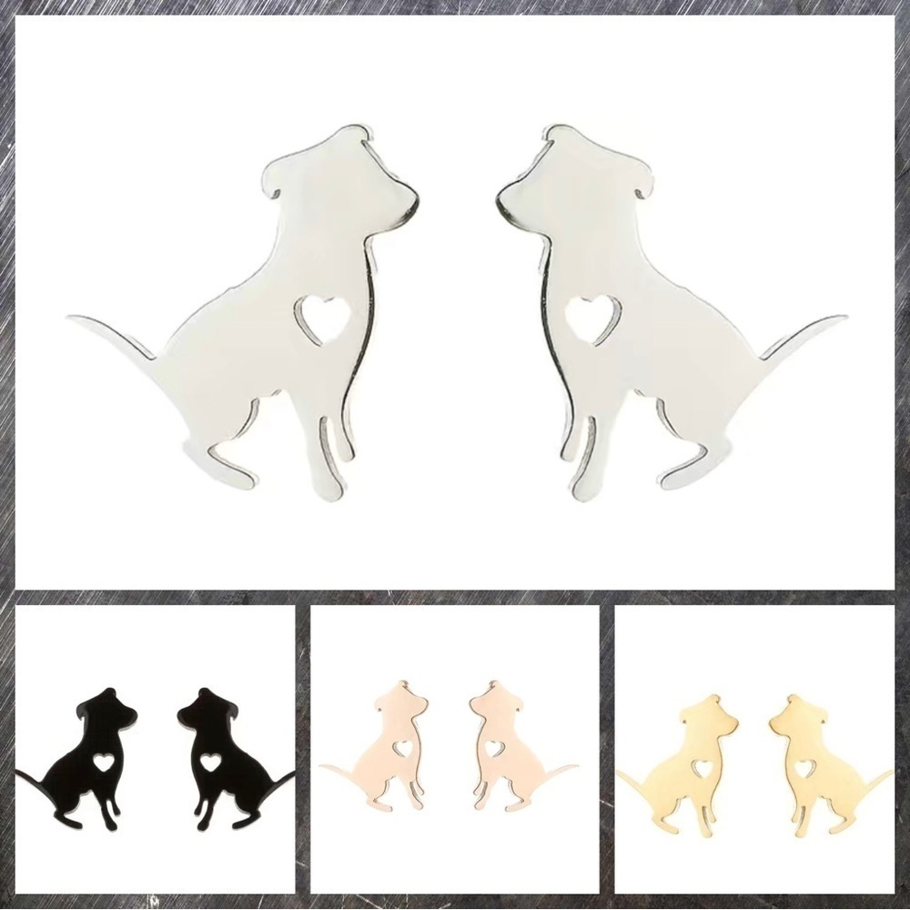 Dog Pitbull and Heart Stainless Steel Stud Earrings #812 (Color: Silver)